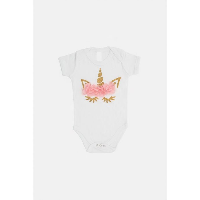 Bodysuit white 3D unicorn / pink flowers