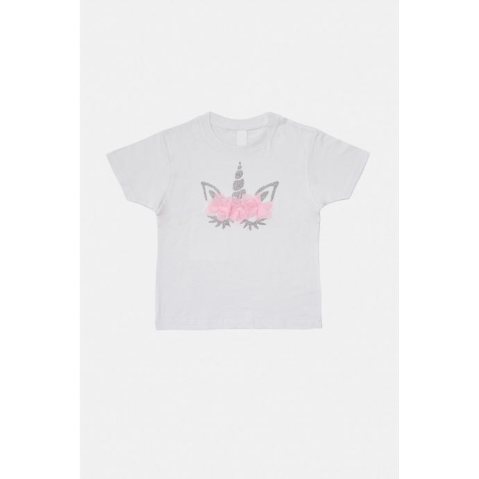 Μπλουζάκι λευκό 3D ασημί γκλίτερ μονόκερος πρόσωπο / ροζ λουλούδια