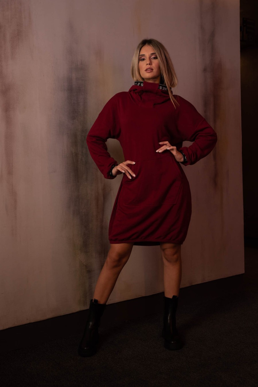 SWEATSHIRT DRESS WITH BORDEAUX RUBBER - OXIA