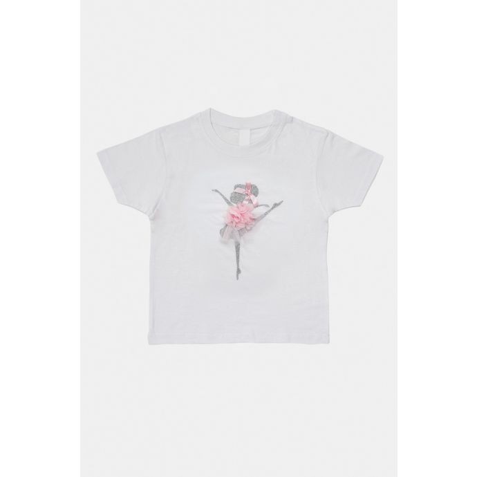 White t-shirt with silver glitter ballerina / pink flower