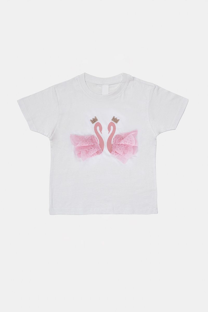 White t-shirt with pink swans