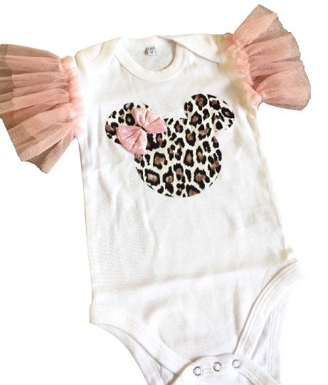 White animal print Minnie bodysuit with pink bow and tulle