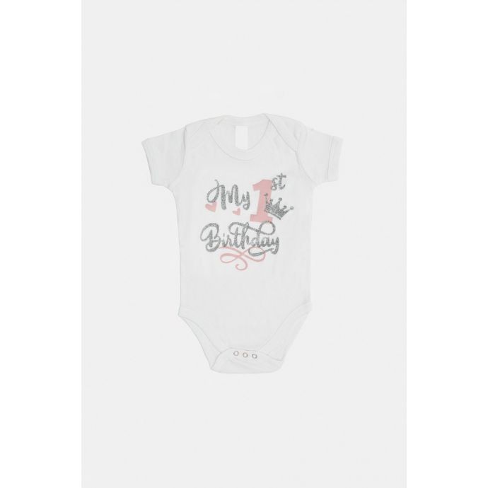 Bodysuit white My 1st Birthday / 1 pink crown silver glitter