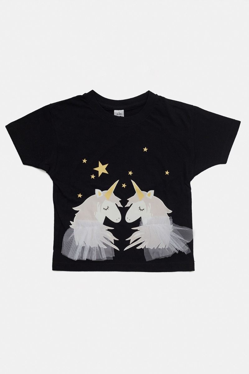 Black T-shirt with white unicorns