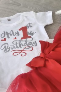  Φορμάκι λευκό My 1st Birthday / 1 κόκκινο κορώνα ασημί glitter 