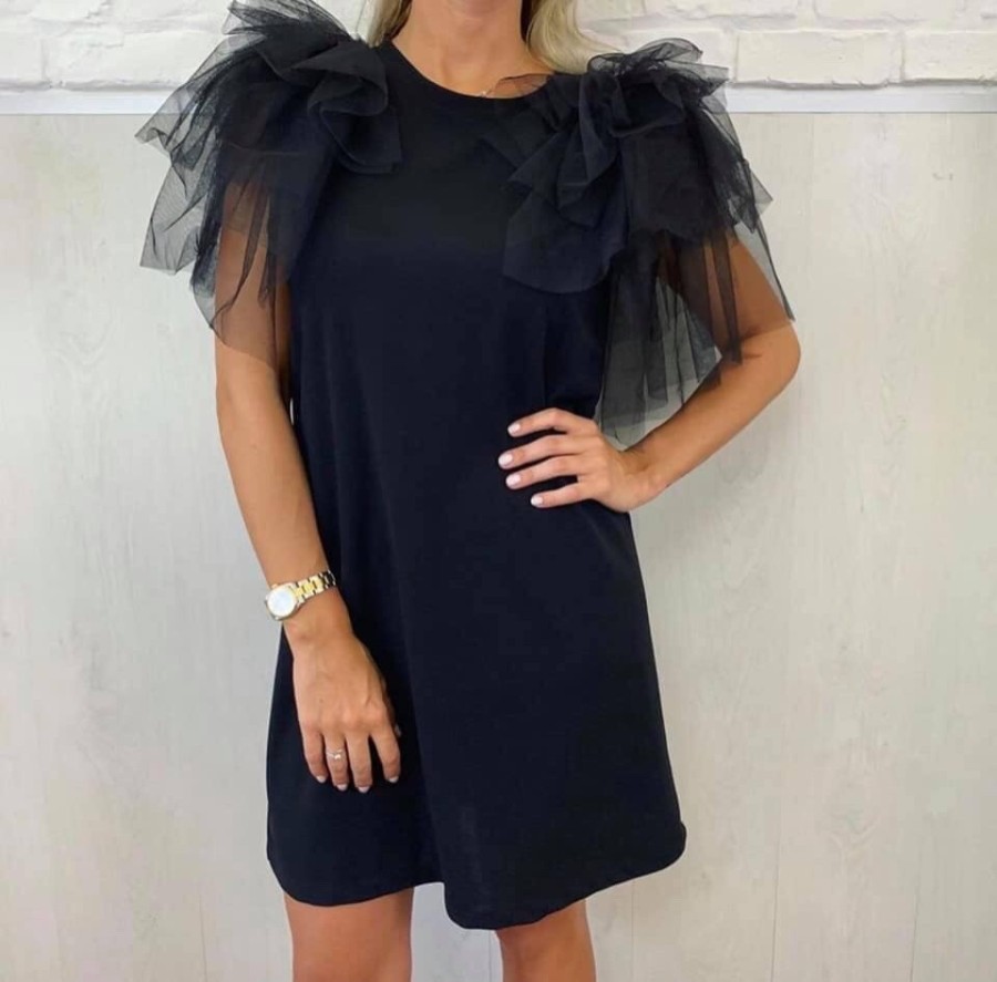 BLACK DRESS WITH TULL IN THE SLEEVE