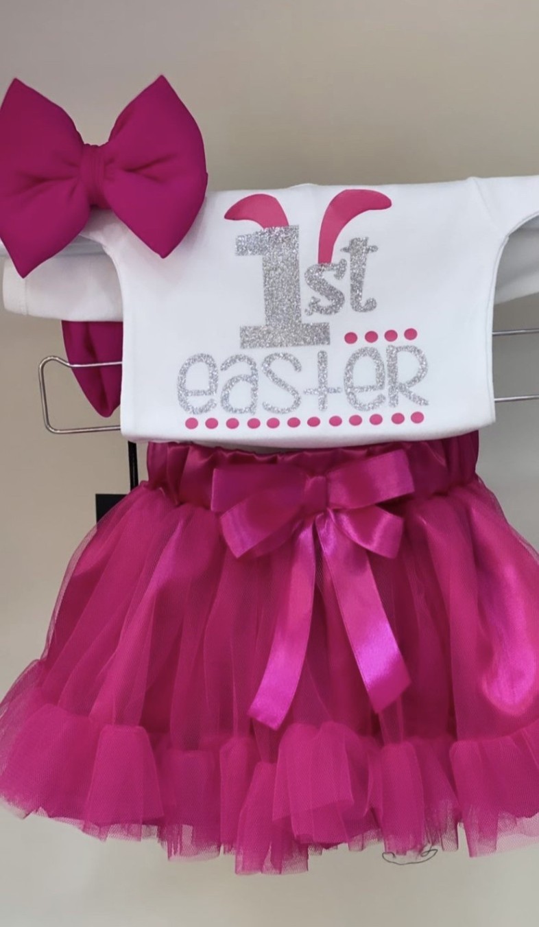 Φορμάκι λευκό my 1st Easter ασημί γκλίτερ και φούξια