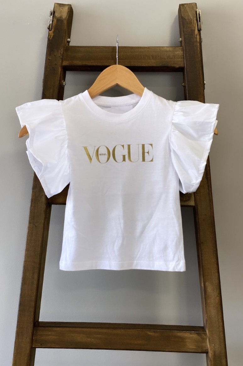 White T-shirt with VOGUE gold ruffle sleeves