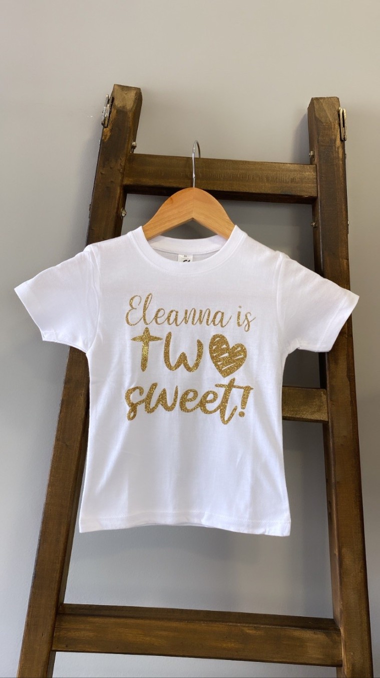 Eleanna white t-shirt is two sweet - gold glitter