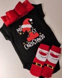 Φορμάκι μαύρο κοντομάνικο My 1st Christmas / 1 σκούφος