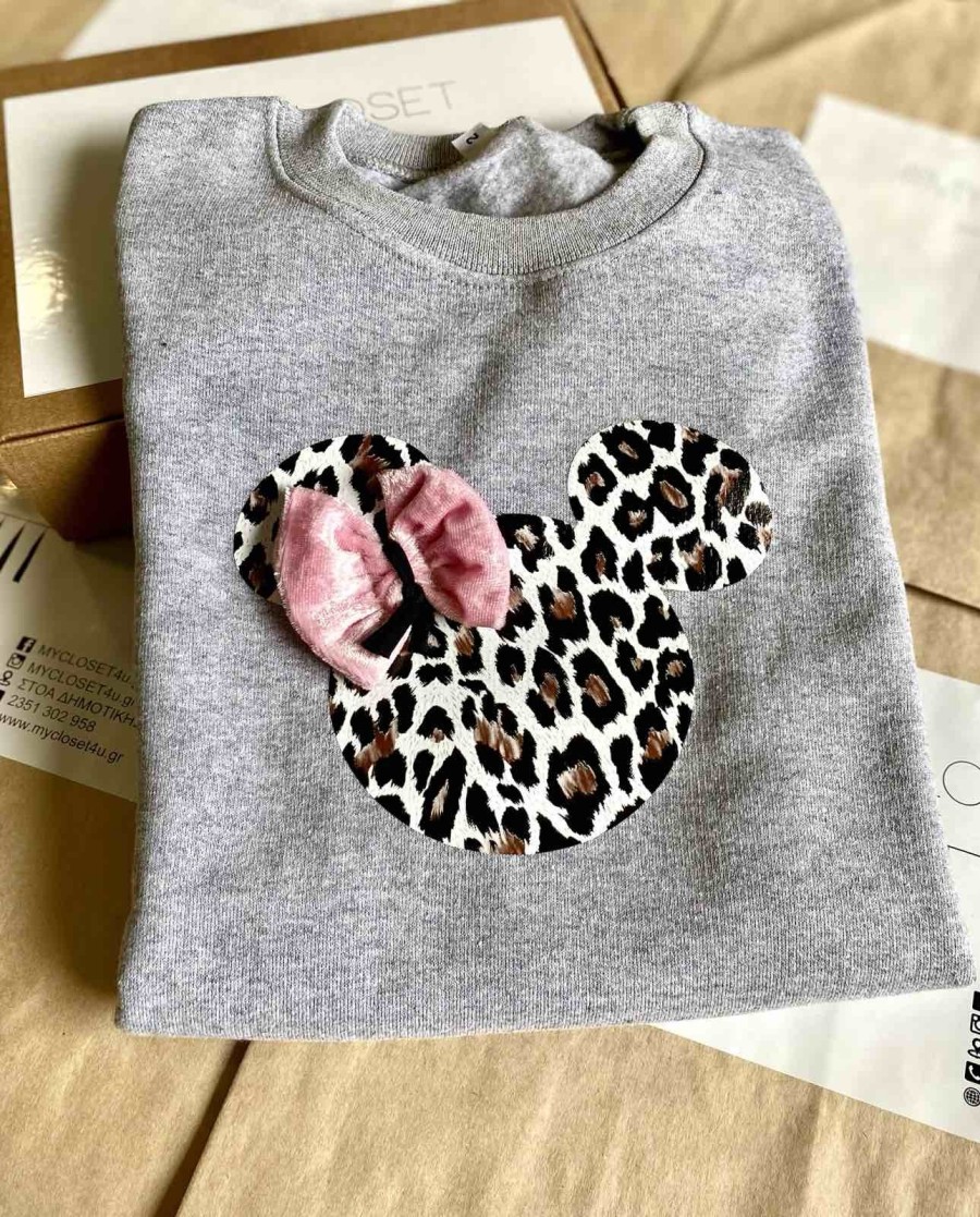 Gray animal print Minnie sweatshirt with pink bow