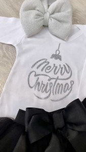 Φορμάκι λευκό μακρυμάνικο μπάλα merry christmas / ασημί γκλίτερ 