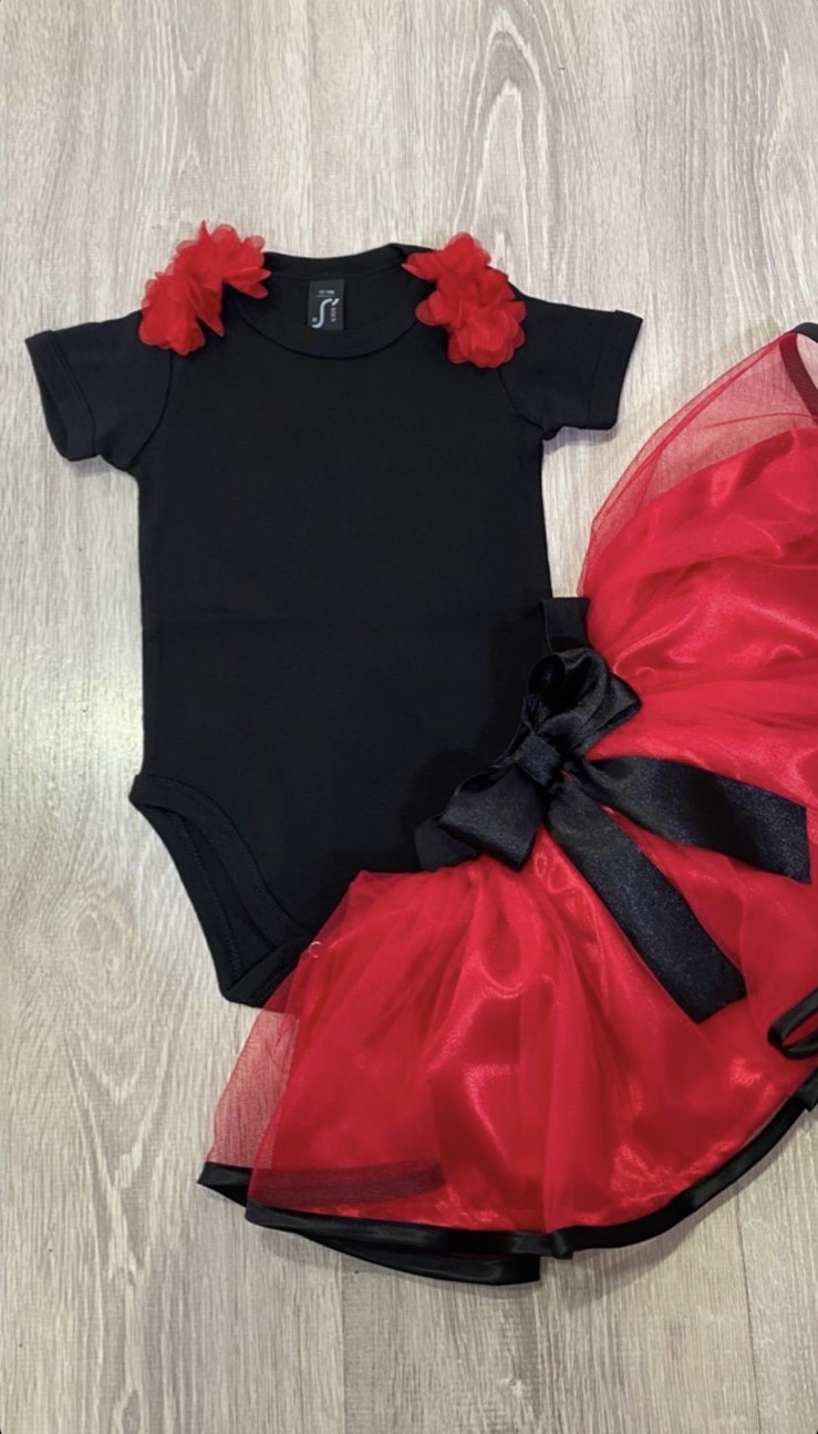Black bodysuit with red fringe fringe