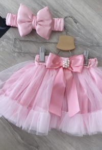 Φούστα tutu ροζ φραμπαλά με φιόγκο πέρλα _0
