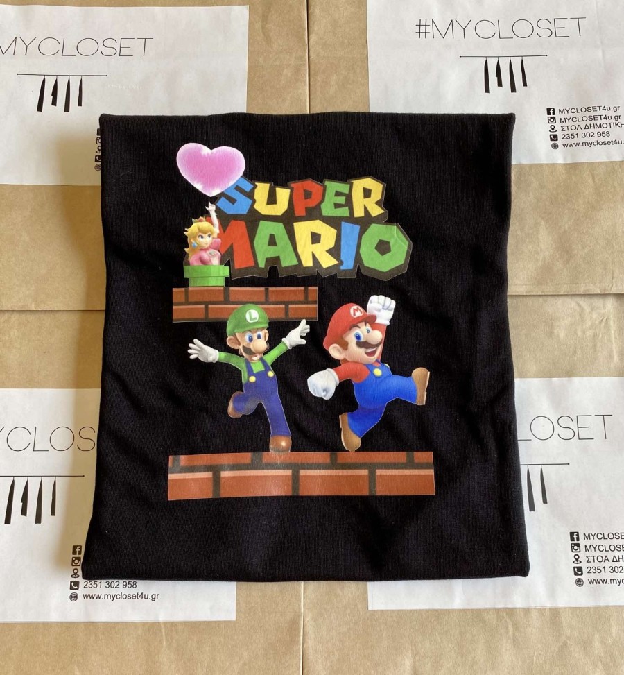 Μπλουζάκι μαύρο κοντομάνικο Super Mario με Luigi