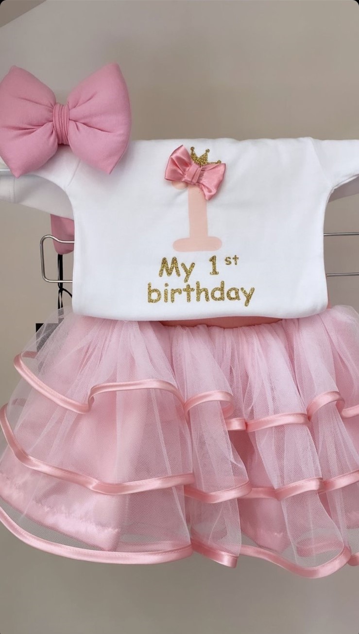 Σετ My 1st Birthday / 1 Ροζ φιόγκο / Κορώνα Χρυσό Γκλίτερ με tutu ροζ 