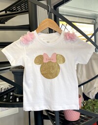 Μπλουζάκι λευκό κοντομάνικο Minnie χρυσό γκλίτερ και φρου φρου στους ώμους 
