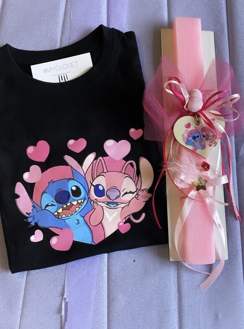 Σετ λαμπάδα με κοντομάνικο μπλουζάκι Stitch και Lilo